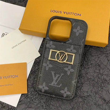 Louis Vuitton-inspired monogram phone case with card pocket, embossed black monogram