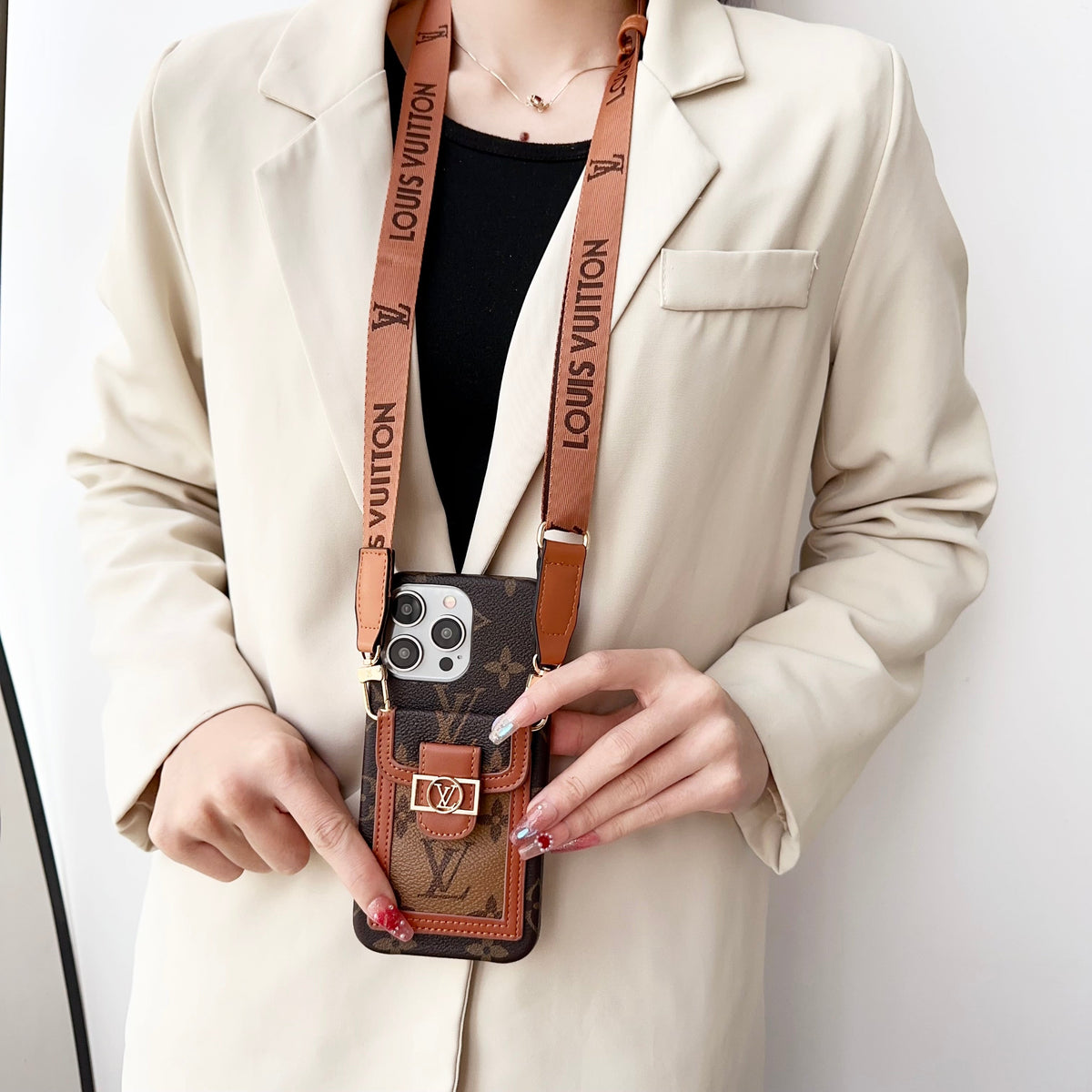 Louis Vuitton-inspired leather monogram crossbody iPhone case