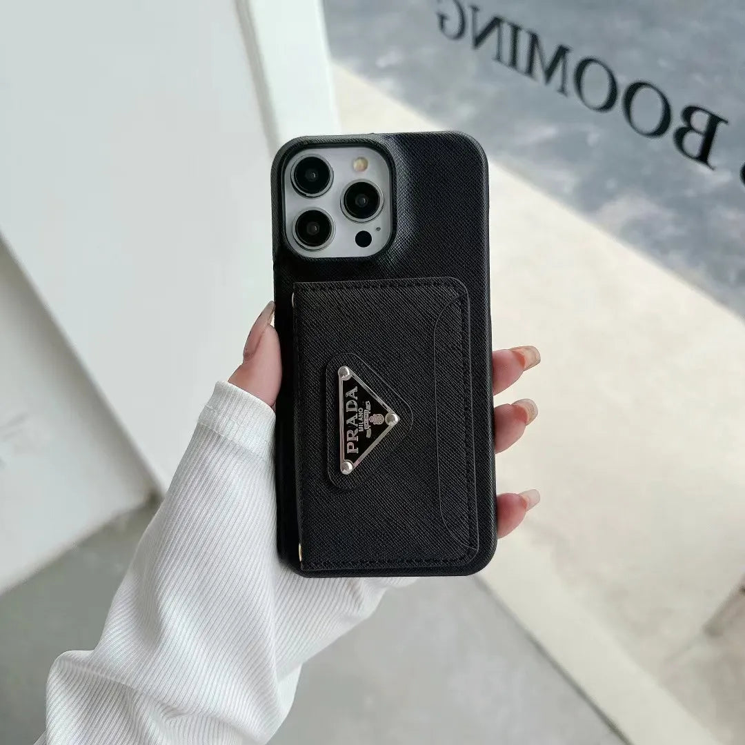 Prada-inspired iPhone 17 Pro Max case with triangle card pocket
