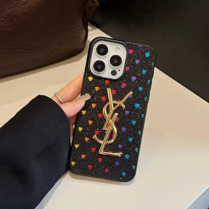 YSL-inspired glitter iPhone case with metal emblem