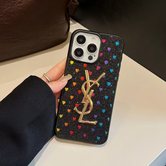 YSL-inspired glitter iPhone case with metal emblem