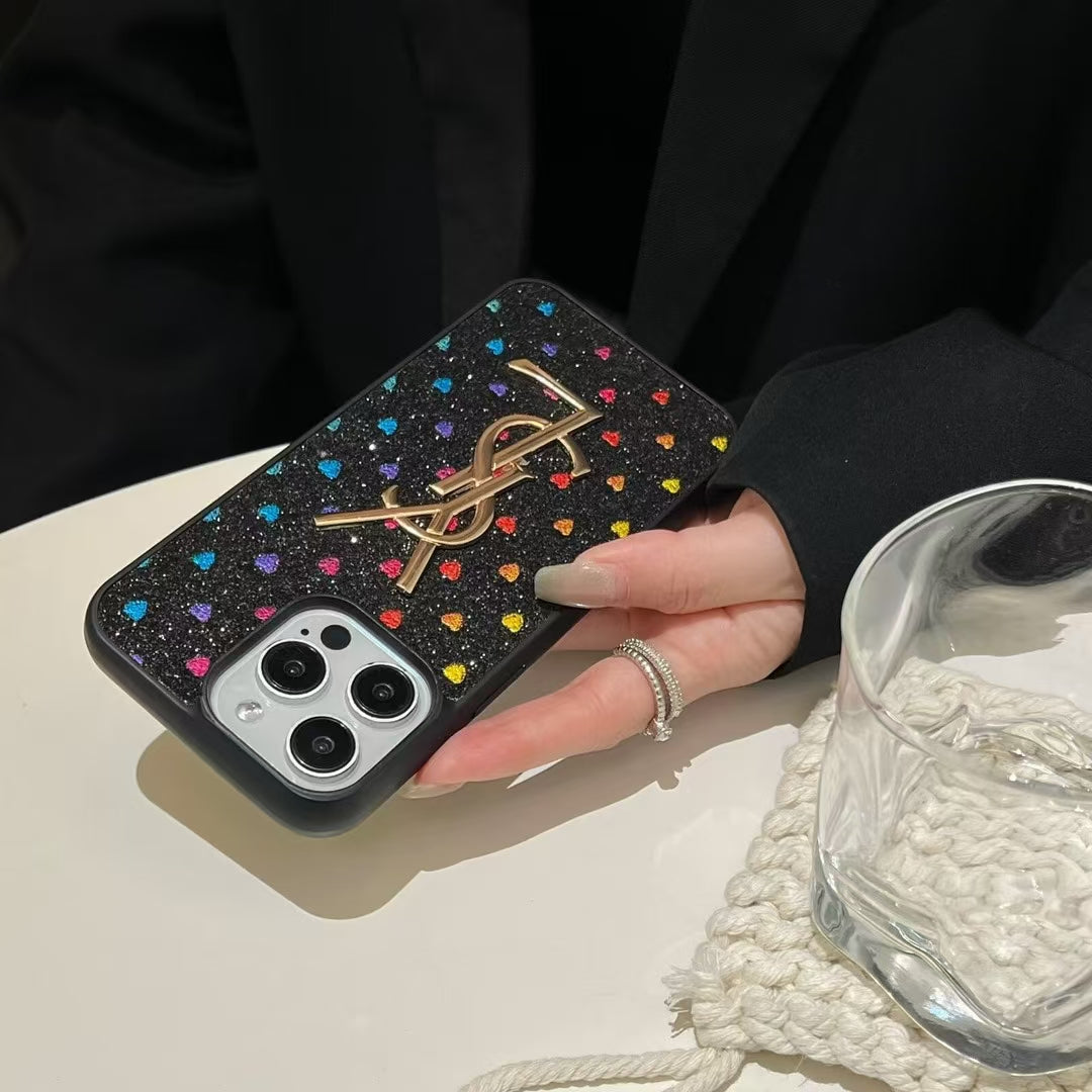 YSL-inspired glitter iPhone case with metal emblem
