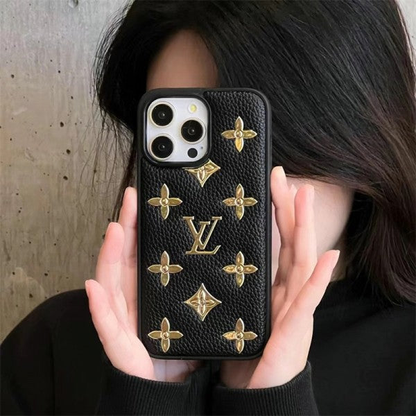 Louis Vuitton-inspired phone case with raised gold-tone pattern, black