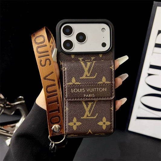 Louis Vuitton-inspired phone case with card holder for iPhone 17 / 16 / 15 / 14, brown big flower