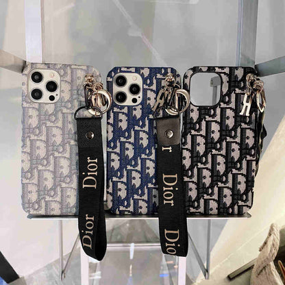 Dior-inspired all-over pattern phone case with hand strap