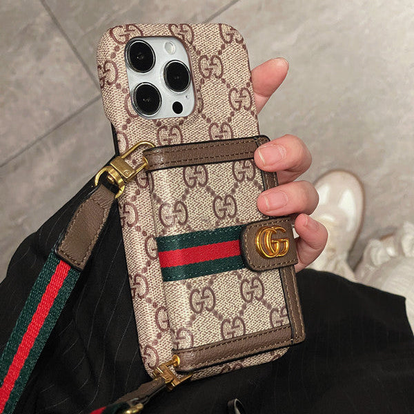 Gucci-inspired leather wallet crossbody iPhone case