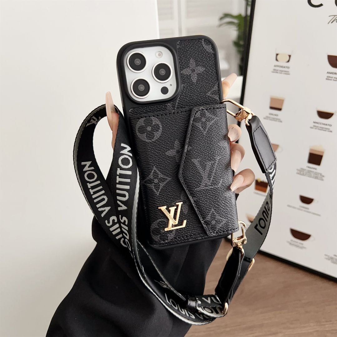 Canvas and leather crossbody iPhone case with accordion card holder