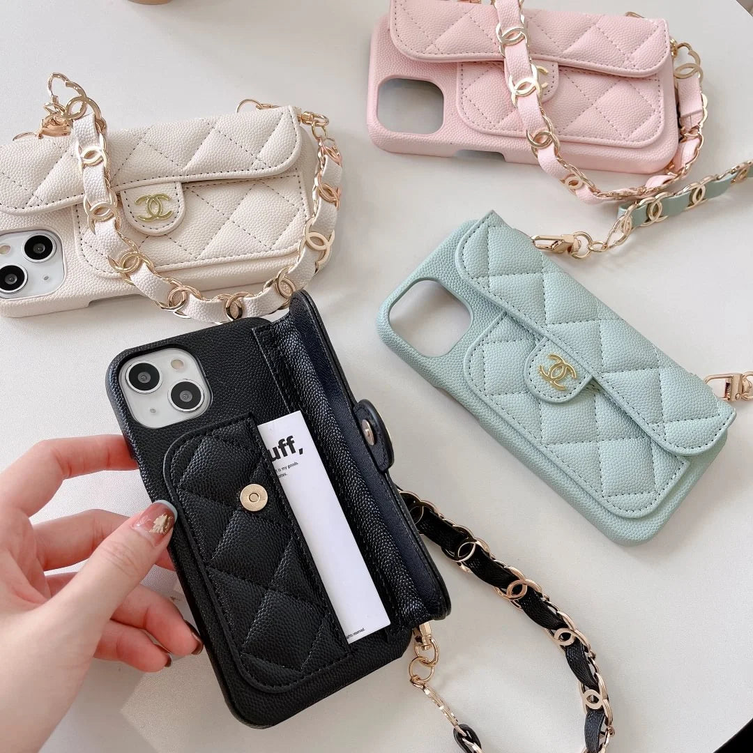 Chanel-inspired quilted phone case with beaded hand strap