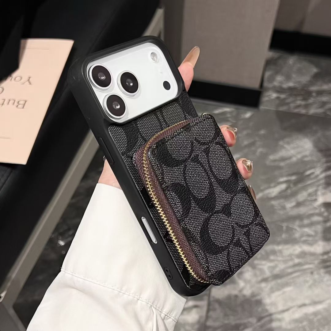 Coach-inspired fine monogram iPhone 17 case with gold-tone corners