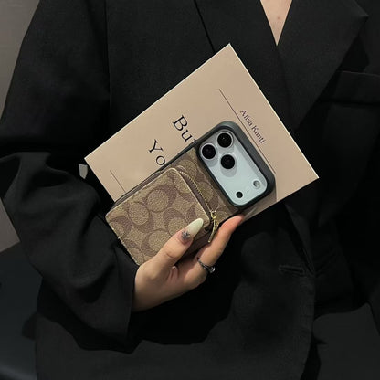 Coach-inspired fine monogram iPhone 17 case with gold-tone corners