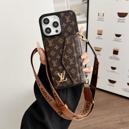 Canvas and leather crossbody iPhone case with accordion card holder