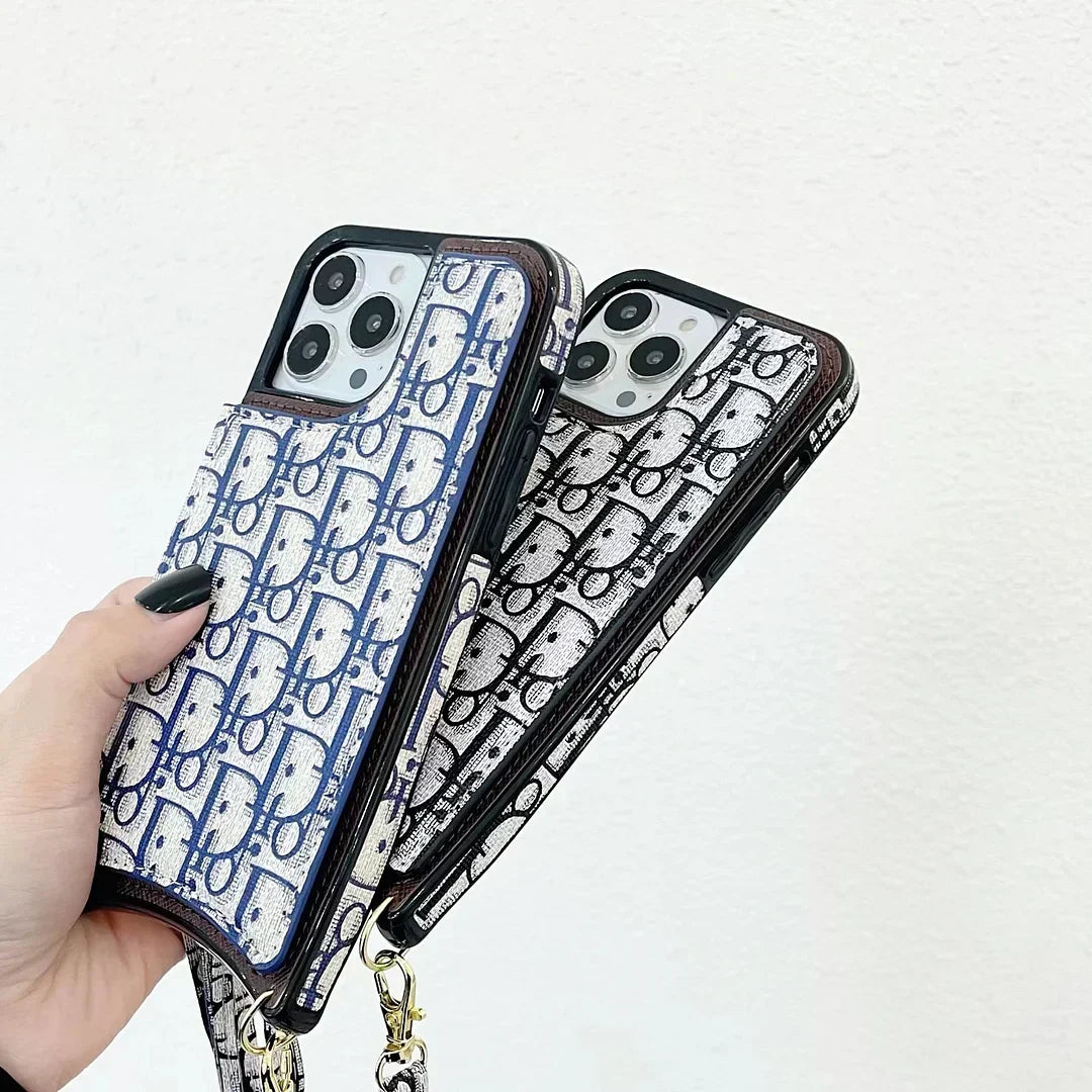 Dior-inspired all-over pattern iPhone case with lanyard