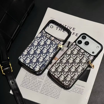 Dior-inspired repeating pattern iPhone 17 case with wallet holder