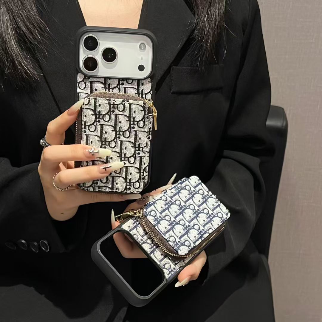 Dior-inspired repeating pattern iPhone 17 case with wallet holder