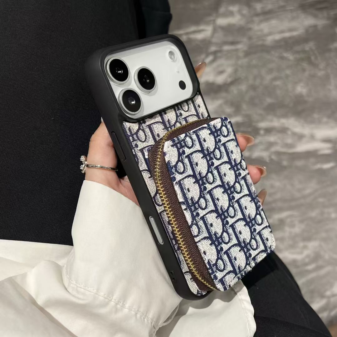Dior-inspired repeating pattern iPhone 17 case with wallet holder