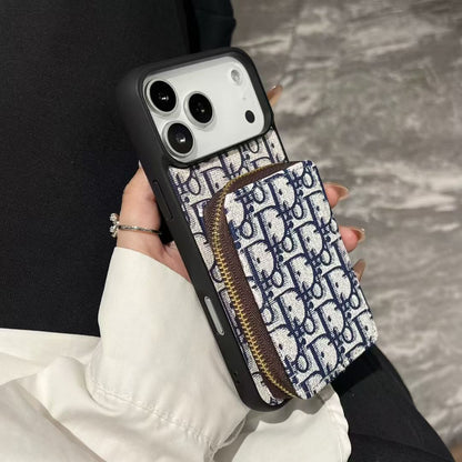 Dior-inspired repeating pattern iPhone 17 case with wallet holder