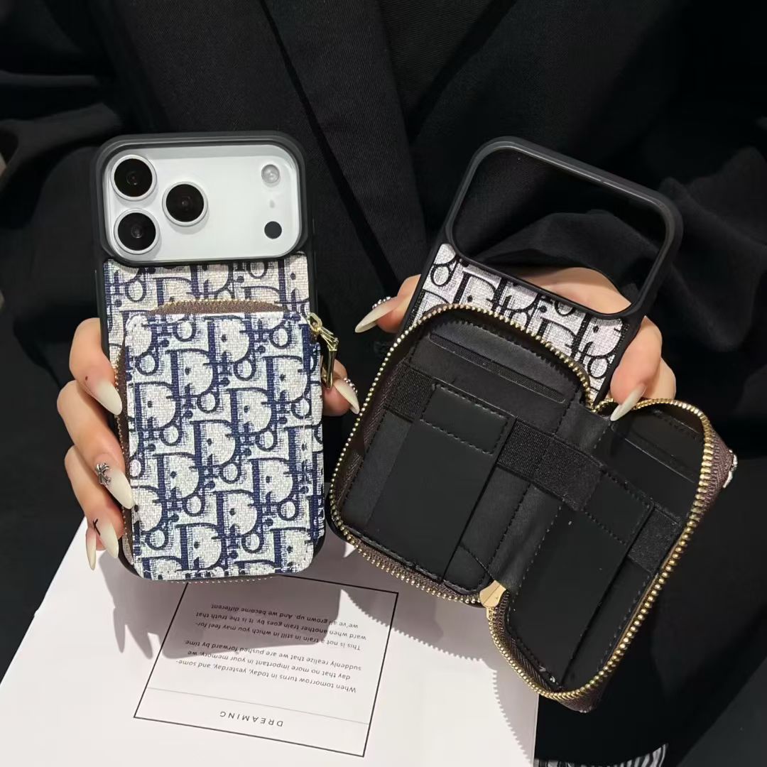 Dior-inspired repeating pattern iPhone 17 case with wallet holder