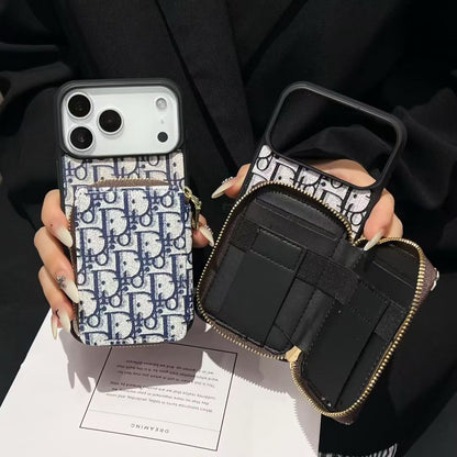 Dior-inspired repeating pattern iPhone 17 case with wallet holder