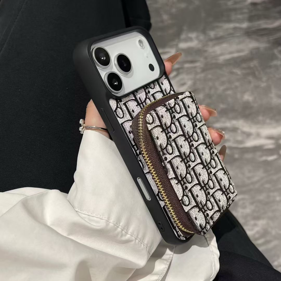 Dior-inspired repeating pattern iPhone 17 case with wallet holder