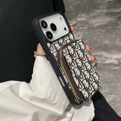 Dior-inspired repeating pattern iPhone 17 case with wallet holder