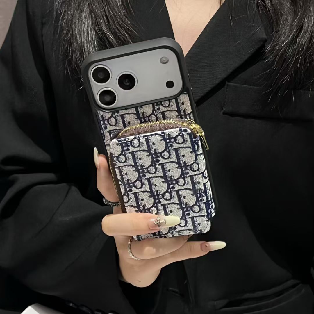Dior-inspired repeating pattern iPhone 17 case with wallet holder