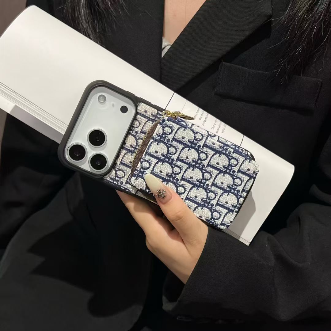 Dior-inspired repeating pattern iPhone 17 case with wallet holder
