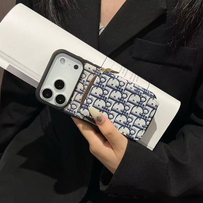 Dior-inspired repeating pattern iPhone 17 case with wallet holder