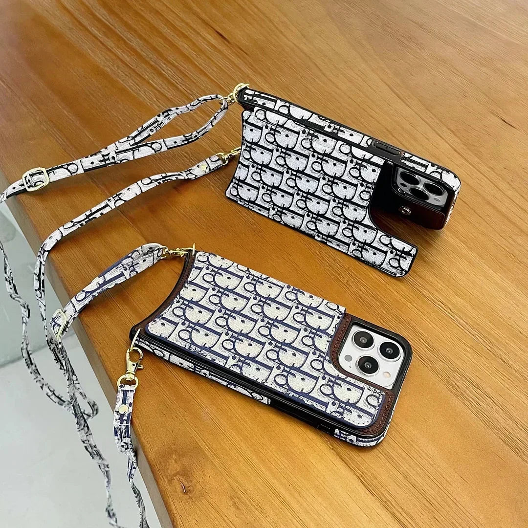 Dior-inspired all-over pattern iPhone case with lanyard