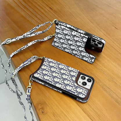 Dior-inspired all-over pattern iPhone case with lanyard