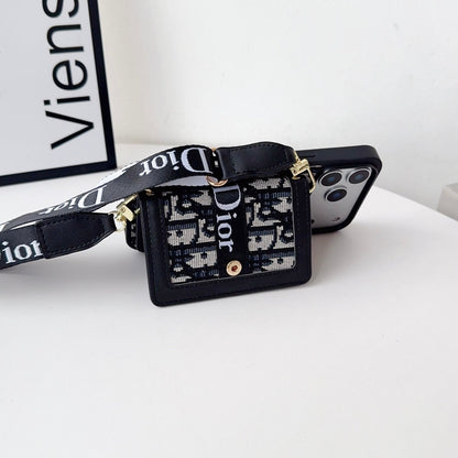 Dior-inspired leather iPhone case with card wallet and strap for iPhone 17 / 16 / 15 / 14