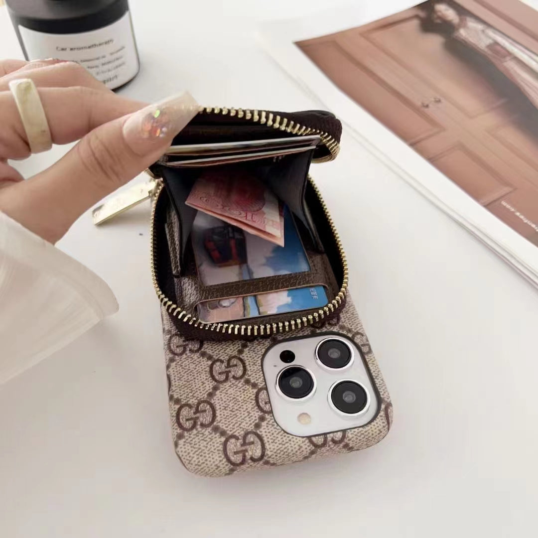 Gucci-inspired monogram phone case with card holder and zip pouch