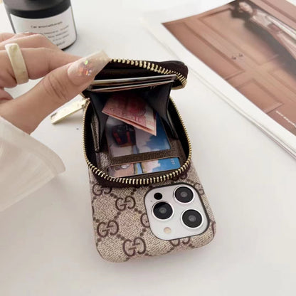 Gucci-inspired monogram phone case with card holder and zip pouch