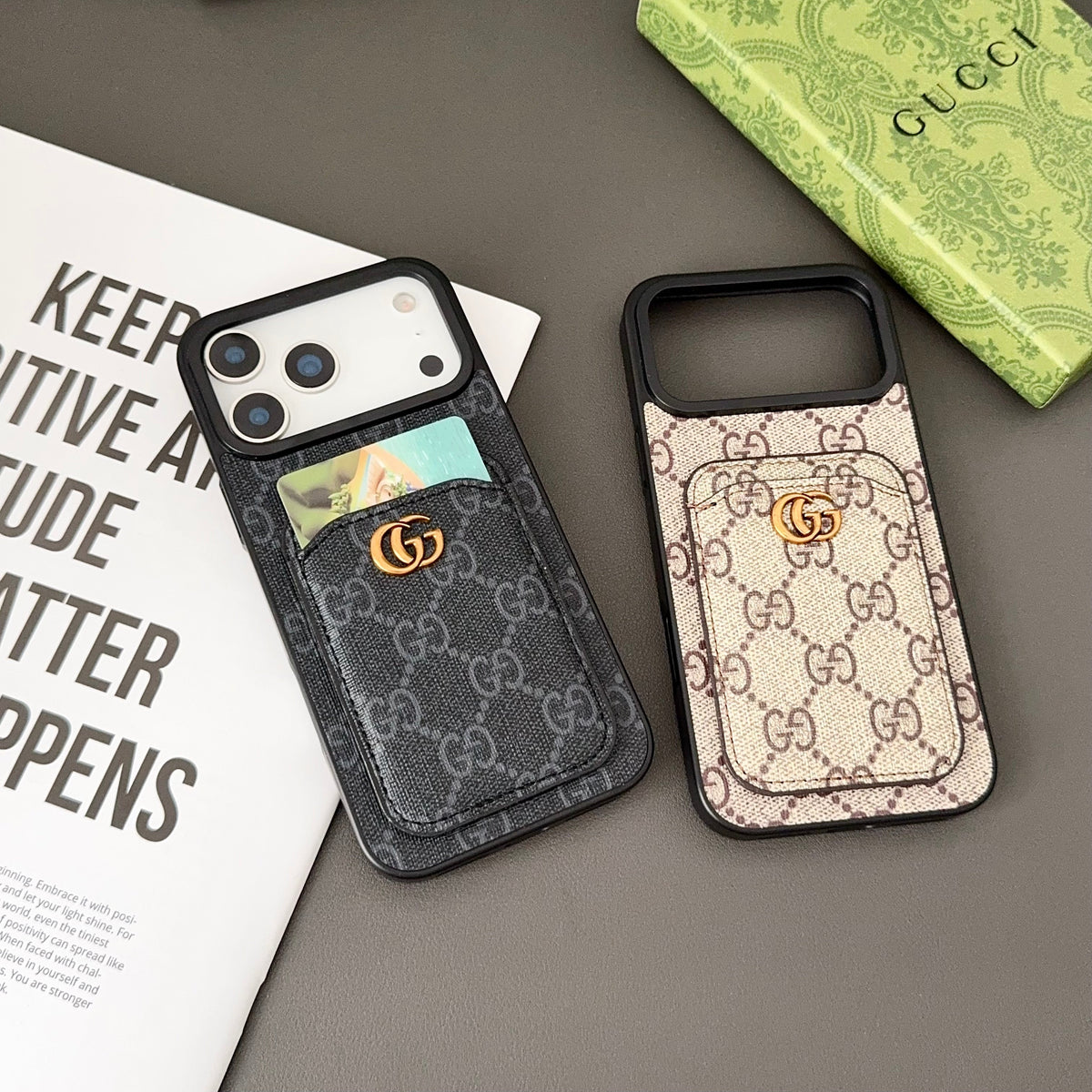 Gucci-inspired fine monogram iPhone 17 case with wallet card holder