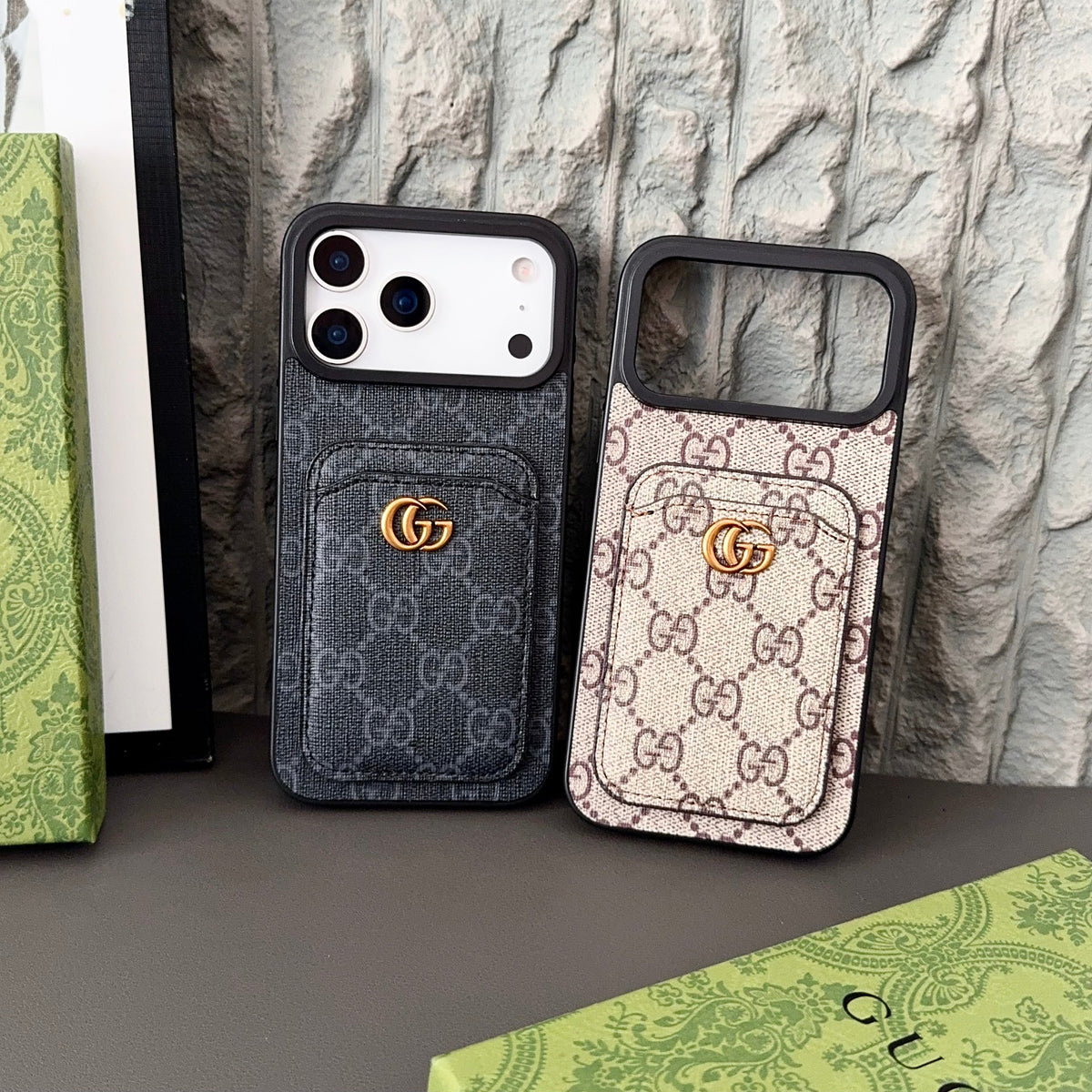 Gucci-inspired fine monogram iPhone 17 case with wallet card holder