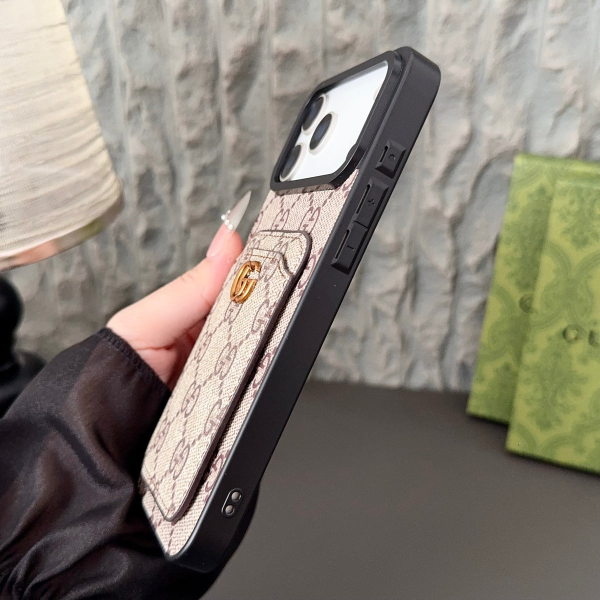Gucci-inspired fine monogram iPhone 17 case with wallet card holder