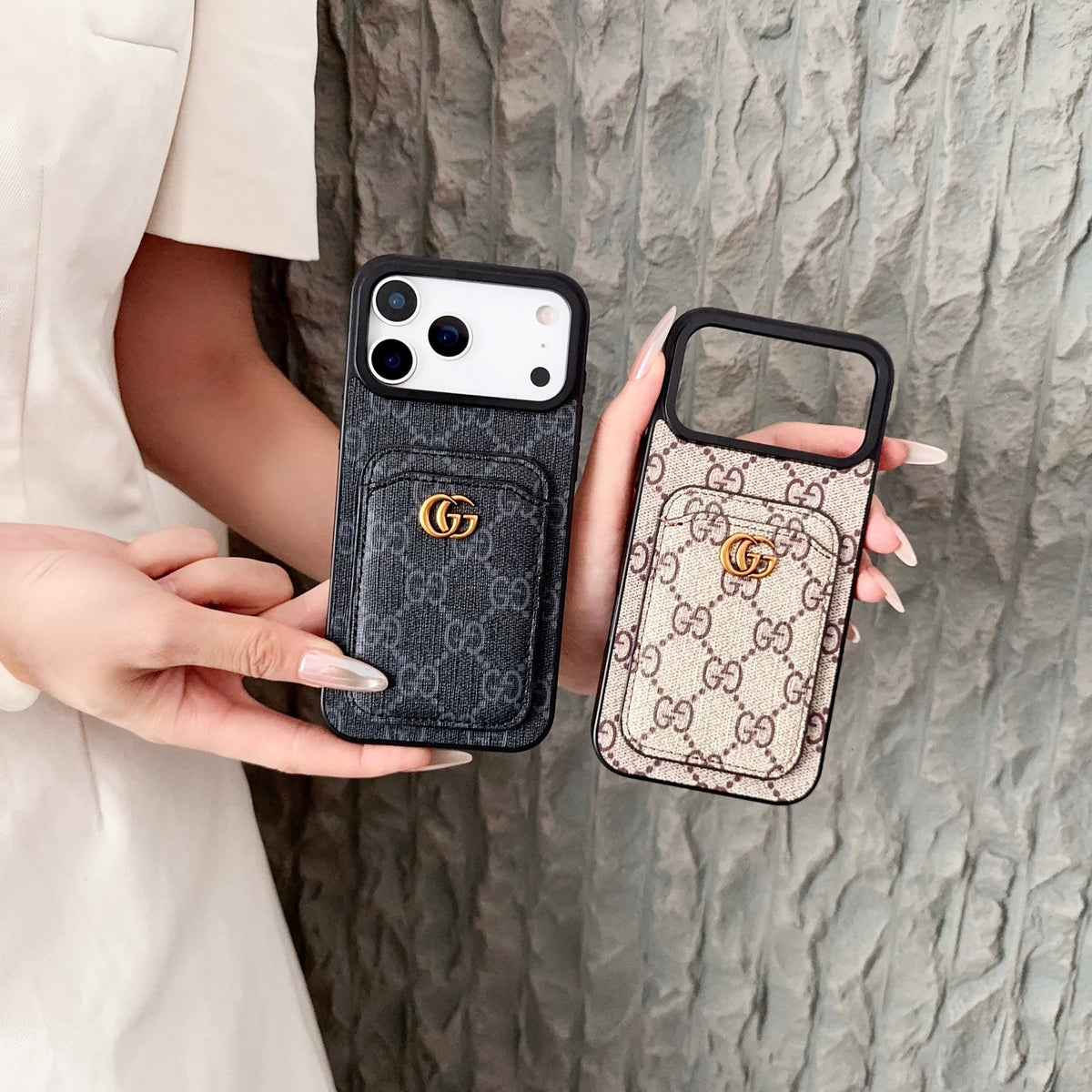 Gucci-inspired fine monogram iPhone 17 case with wallet card holder