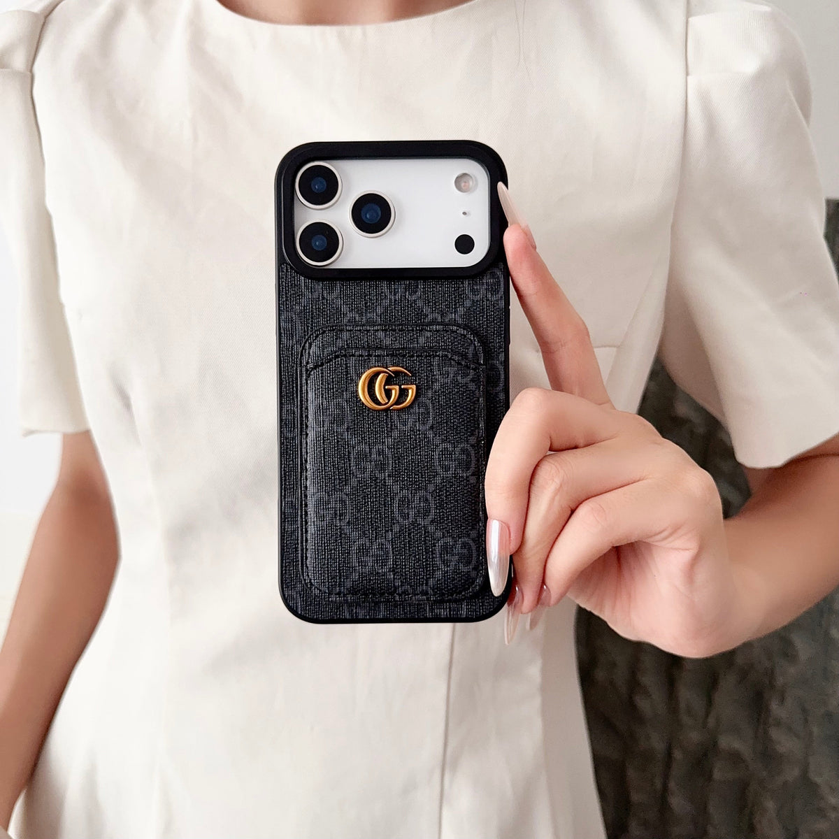 Gucci-inspired fine monogram iPhone 17 case with wallet card holder
