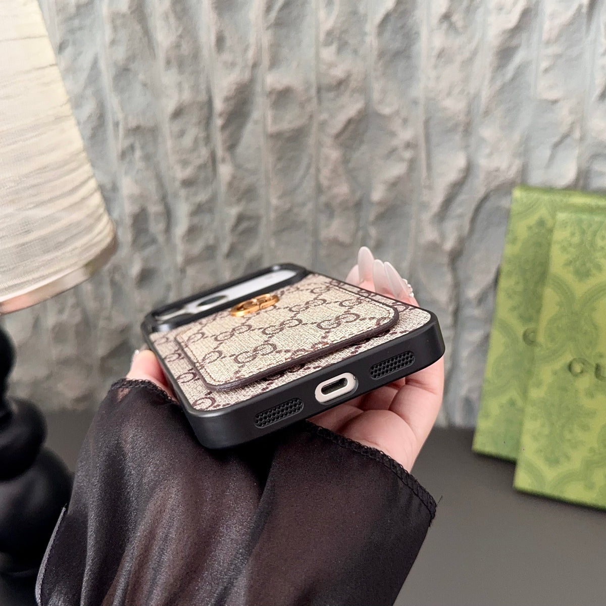 Gucci-inspired fine monogram iPhone 17 case with wallet card holder