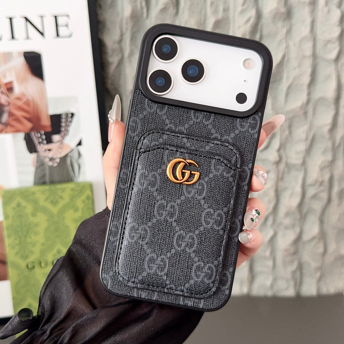 Gucci-inspired fine monogram iPhone 17 case with wallet card holder, black
