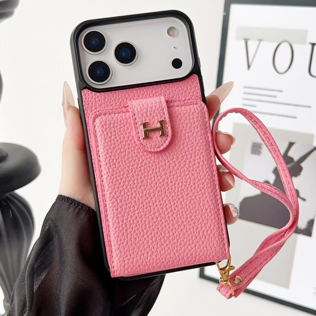 Hermes-inspired solid color iPhone 17 case with card holder and strap