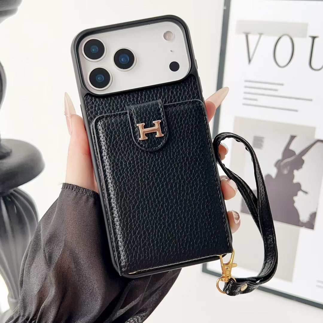 Hermes-inspired solid color iPhone 17 case with card holder and strap