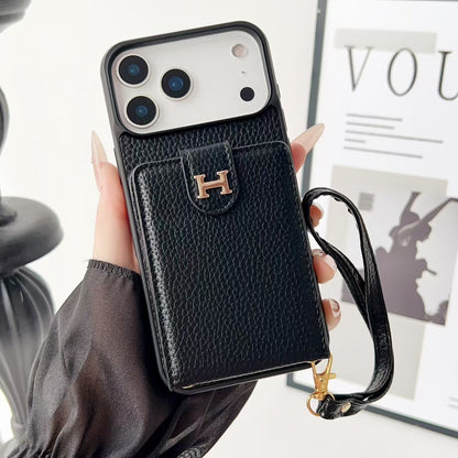 Hermes-inspired solid color iPhone 17 case with card holder and strap