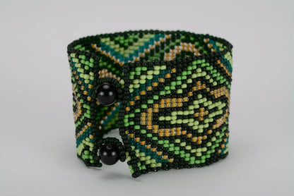 Wide ethnic beaded bracelet dark green and black yellow bracelet