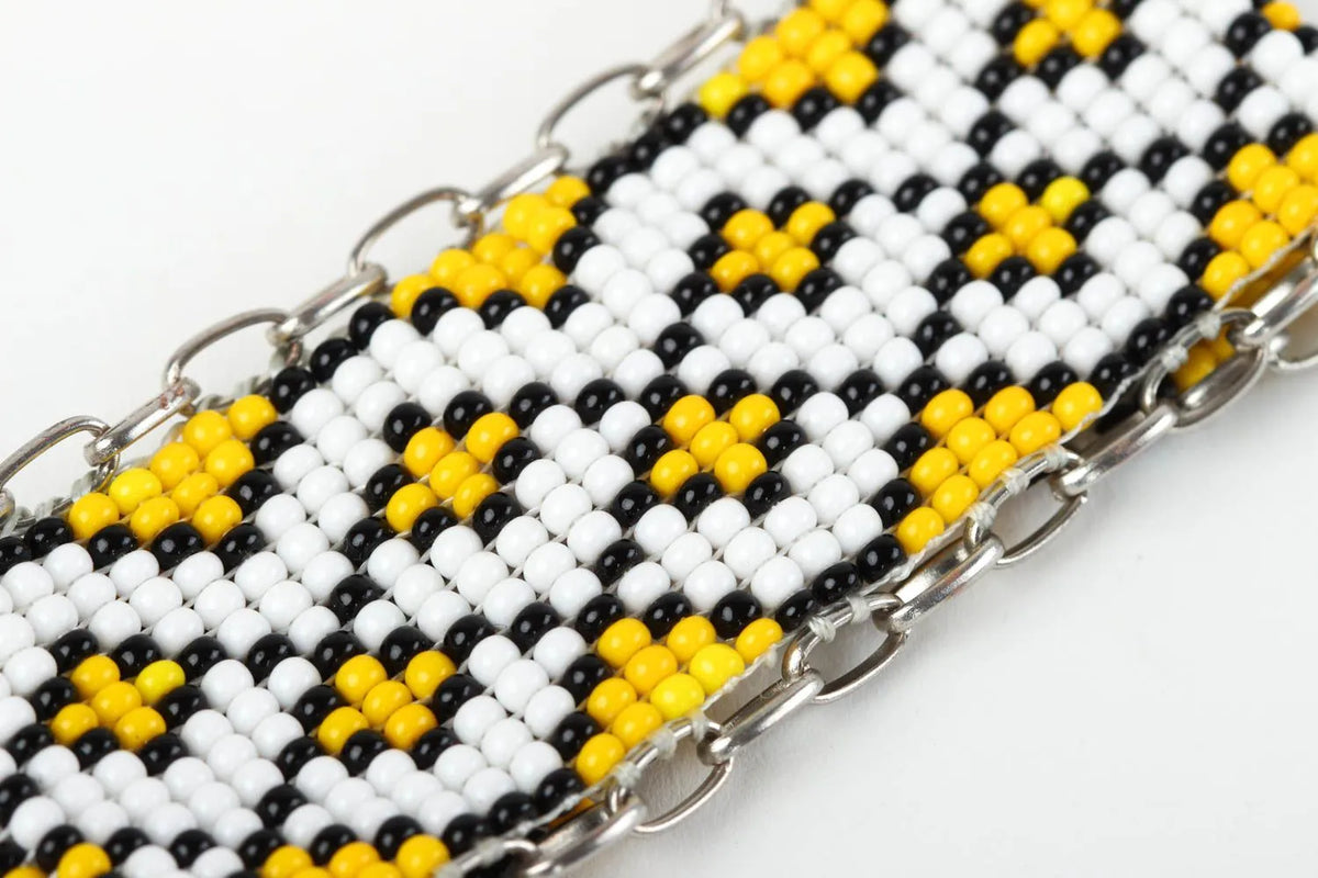 Chain ethnic handmade white, yellow and black beads bracelet for women