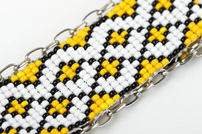 Chain ethnic handmade white, yellow and black beads bracelet for women