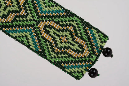 Wide ethnic beaded bracelet dark green and black yellow bracelet