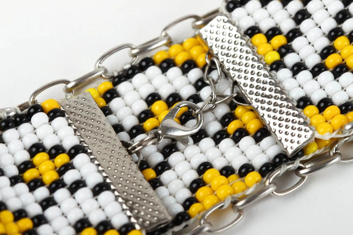 Chain ethnic handmade white, yellow and black beads bracelet for women