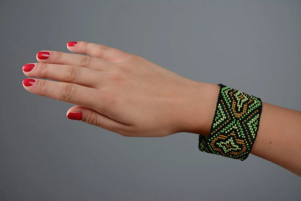 Wide ethnic beaded bracelet dark green and black yellow bracelet