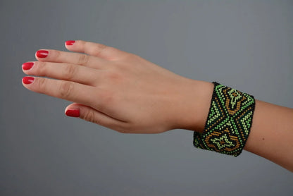 Wide ethnic beaded bracelet dark green and black yellow bracelet