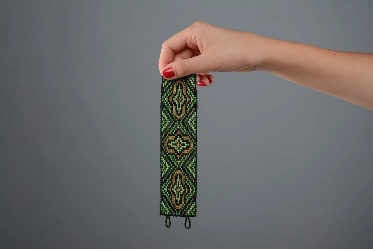 Wide ethnic beaded bracelet dark green and black yellow bracelet